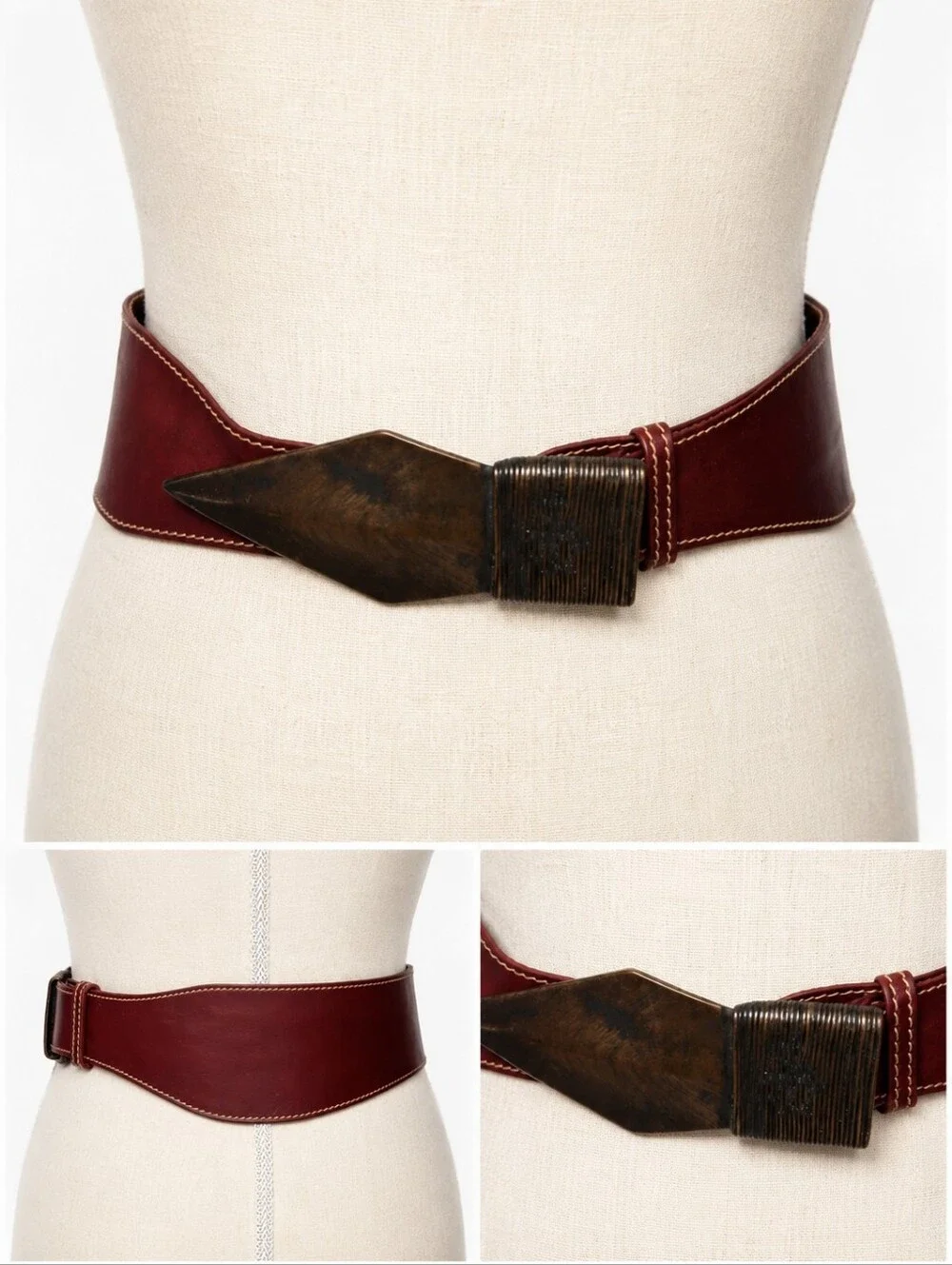 Morris Moskowitz Vintage Leather Belt Size L Burgundy Sculptural Buckle 70s